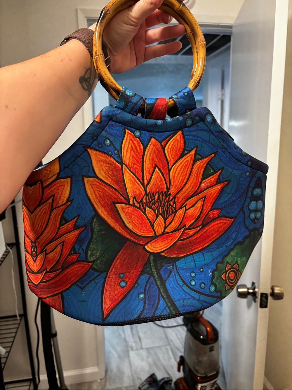 Blue & Orange Floral Bamboo-Handle Shoulder Bag